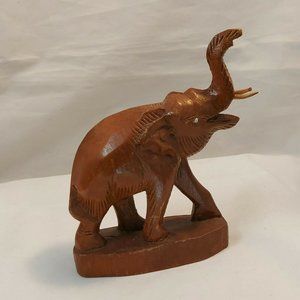 Vintage Hand Carved Teak Wood Asian Elephant Trunks Up Figurine 5.5" tall